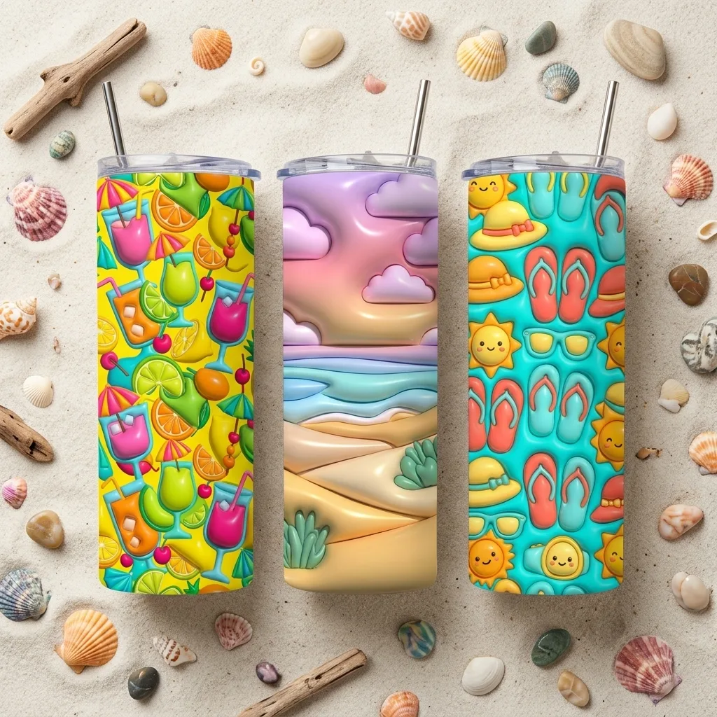 3D Inflated Beach Tumbler Wraps — 10 Designs for 20oz Skinny Tumblers preview 3