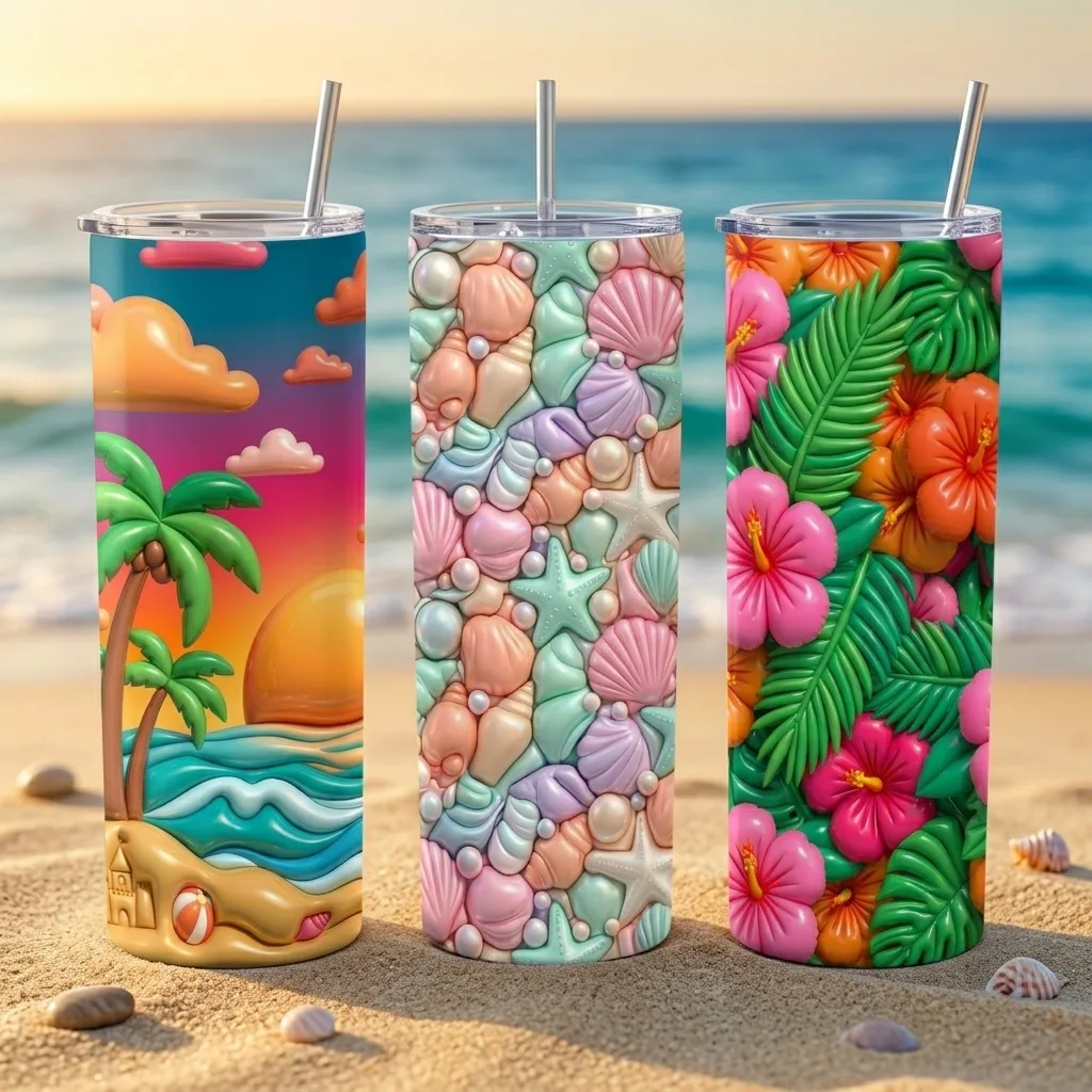 3D Inflated Beach Tumbler Wraps — 10 Designs for 20oz Skinny Tumblers
