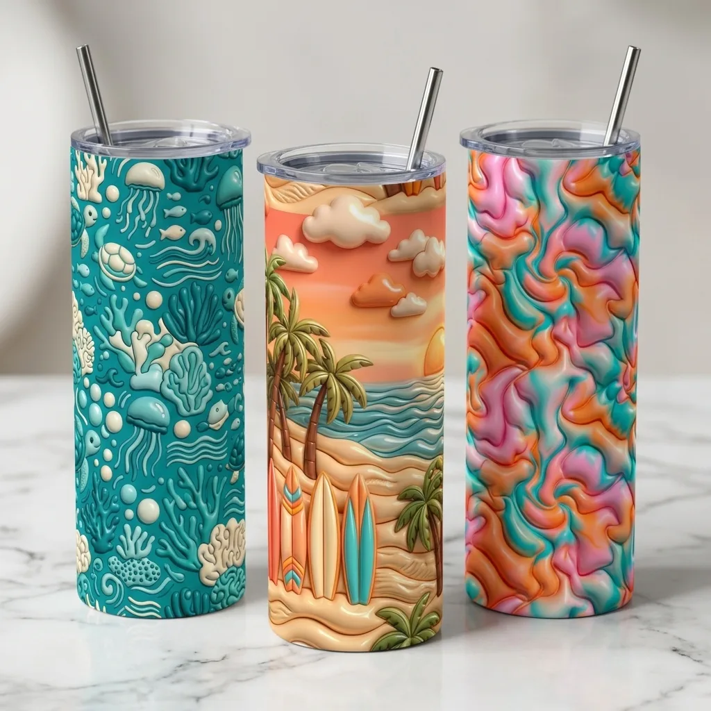 3D Inflated Beach Tumbler Wraps — 10 Designs for 20oz Skinny Tumblers preview 2
